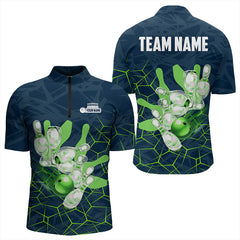 Maxcorners Blue and Green Camo Bowling Polo, 1/4 Zip Shirts for Men Custom Team Mens Bowling jerseys