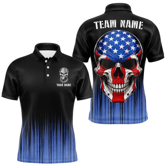 Maxcorners Black and Blue American Flag Skull Bowling Shirts for Men Custom Patriotic Bowling Team jerseys LM1904