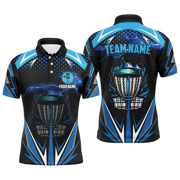 Maxcorners Black Mens disc golf polo shirts custom blue fire lightning team disc golf jerseys, unique golf gifts MT0510