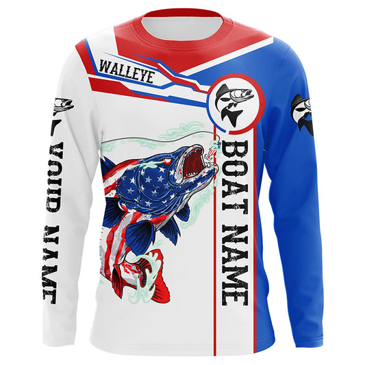 Maxcorners Angry Walleye American flag patriotic fishing Custom name and boat name tournament fishing shirts LM2408