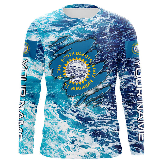 Maxcorners Blue sea wave ocean camo South Dakota flag patriot shirt Custom sun protection fishing shirts MT2108