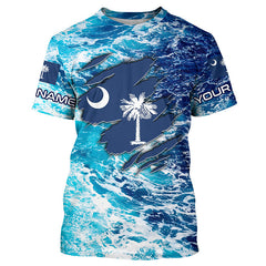 Maxcorners Blue sea wave ocean camo South Carolina flag patriot shirts Custom sun protection fishing shirts MT2108