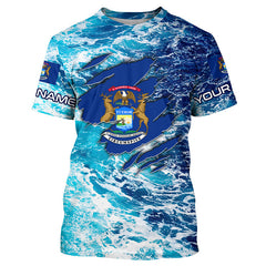 Maxcorners Blue sea wave ocean camo Michigan flag patriot shirt Custom sun protection fishing long sleeve shirts MT2108