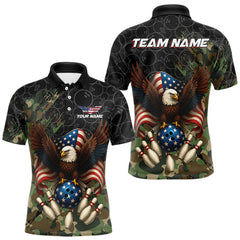 Maxcorners Black and Green Camo American Flag Eagle Bowling Shirts For Men Custom Patriotic Team Bowling Jersey MT2808