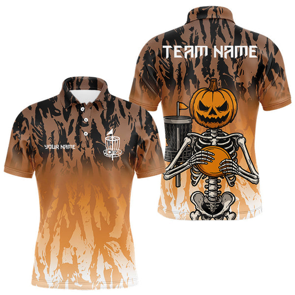 Maxcorners Funny Disc golf pumpkin skull orange camo Men disc golf polo shirts custom Halloween disc golf shirts LM0210