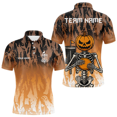 Maxcorners Funny Disc golf pumpkin skull orange camo Men disc golf polo shirts custom Halloween disc golf shirts LM0210