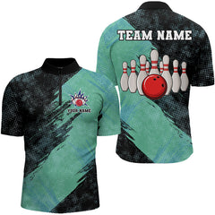 Maxcorners Black And Mint Color Mens Bowling Polo, Quarter Zip Shirt Custom Bowling Team Jerseys, Bowler Outfit