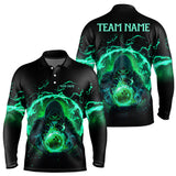 Maxcorners Black And Green Flame Skull Bowling Polo, Quarter Zip Shirt For Men Custom Skull Bowling Team Jerseys