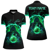 Maxcorners Black And Green Flame Skull Bowling Polo, Quarter Zip Shirt For Men Custom Skull Bowling Team Jerseys