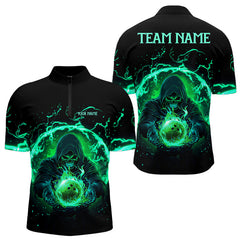 Maxcorners Black And Green Flame Skull Bowling Polo, Quarter Zip Shirt For Men Custom Skull Bowling Team Jerseys