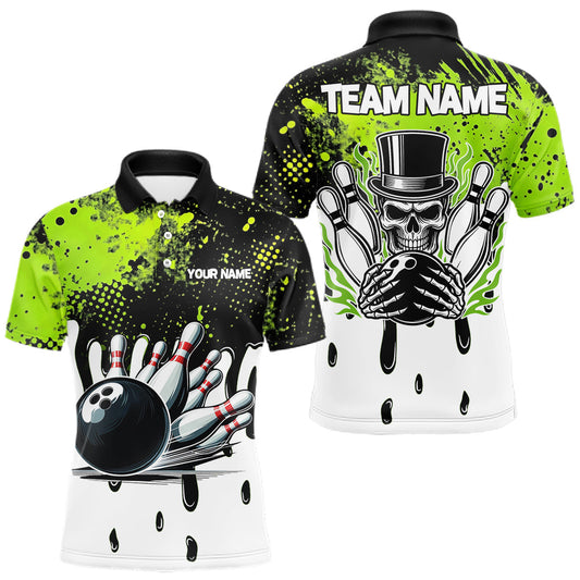 Maxcorners Black and Green Flame Skull Bowling Polo, 1/4 Zip Shirts for Men Custom Bowling Team League Jersey LM1904