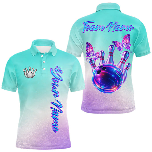 Maxcorners Custom Cyan Blue And Purple Glitter Butterfly Mens Bowling Team Shirts, Bowling League Shirt For Men LM1904