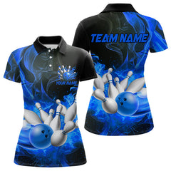 Maxcorners Black And Blue Flame Custom Bowling Shirts For Men, Flame Bowling League Shirts Outfits