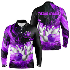 Maxcorners Black And Purple Flame Custom Bowling Shirts For Men, Flame Bowling League Shirts Outfits