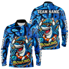 Maxcorners Funny Blue Camo Shark Men Bowling Polo, Quarter Zip Shirts Custom Team Shark Bowling Outfit Jersey