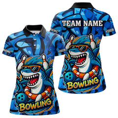 Maxcorners Funny Blue Camo Shark Men Bowling Polo, Quarter Zip Shirts Custom Team Shark Bowling Outfit Jersey
