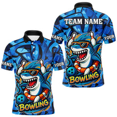 Maxcorners Funny Blue Camo Shark Men Bowling Polo, Quarter Zip Shirts Custom Team Shark Bowling Outfit Jersey