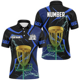 Maxcorners Black and Blue Men disc golf polo shirt custom lightning thunder disc golf basket, disc golf gifts MT0510