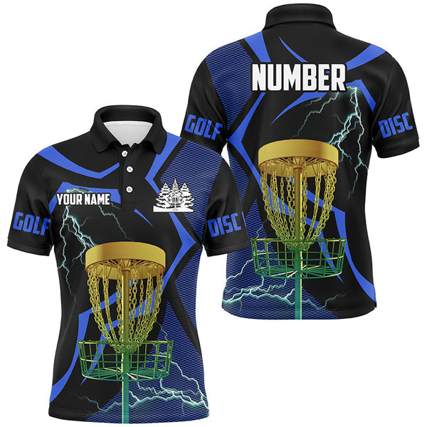 Maxcorners Black and Blue Men disc golf polo shirt custom lightning thunder disc golf basket, disc golf gifts MT0510