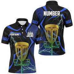 Maxcorners Black and Blue Men disc golf polo shirt custom lightning thunder disc golf basket, disc golf gifts MT0510