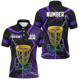 Maxcorners Black & Purple Men disc golf polo shirt custom lightning thunder disc golf basket, disc golf gifts MT0510