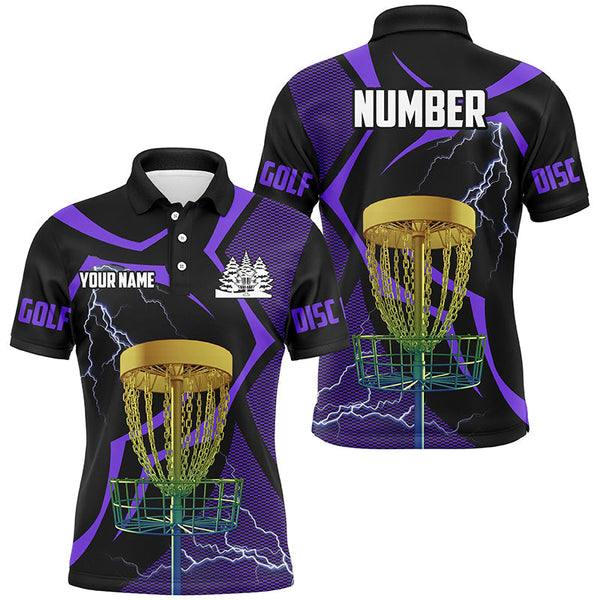 Maxcorners Black & Purple Men disc golf polo shirt custom lightning thunder disc golf basket, disc golf gifts MT0510