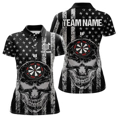 Maxcorners Black And White American Flag Skull Dart Polo Shirt Custom Patriotic Dart Shirt