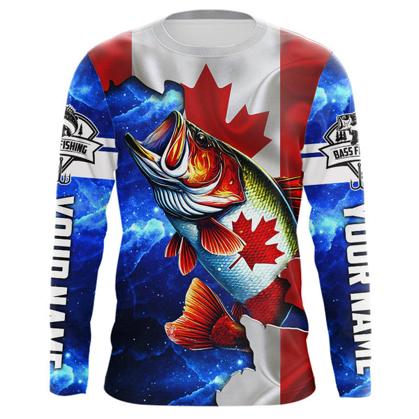 Maxcorners Bass Fishing Canadian Flag patriotic UV protection Custom name long sleeves shirt MT2108