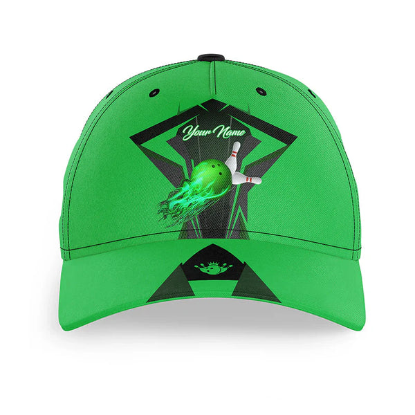 Macorners Green Flame Bowling Ball and Pins Custom Bowling Hat, Bowling Cap for team, gift for Bowlers