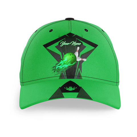 Macorners Green Flame Bowling Ball and Pins Custom Bowling Hat, Bowling Cap for team, gift for Bowlers