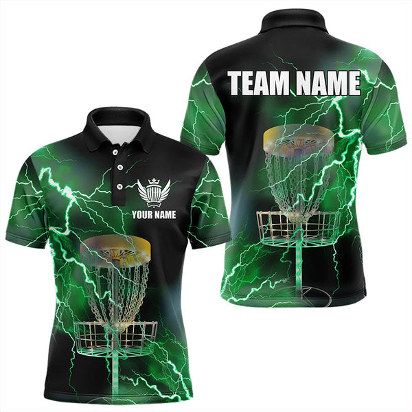 Maxcorners Mens disc golf polo shirts custom green lightning thunder disc golf basket team disc golf outfit MT0510