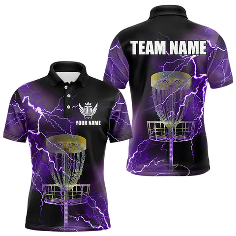 Maxcorners Mens disc golf polo shirts custom purple lightning thunder disc golf basket team disc golf outfit MT0510