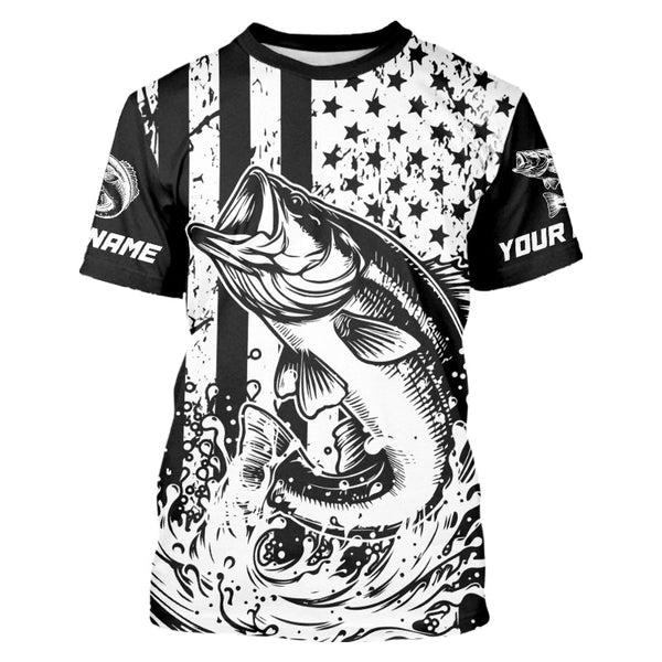 Maxcorners Black and White American Flag Largemouth Bass Fishing Custom patriotic Bass fishing jerseys MT2108