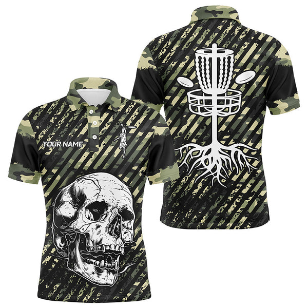 Maxcorners Green camo Mens disc golf polo shirts custom skull team disc golf basket jerseys, disc golf outfit MT0510
