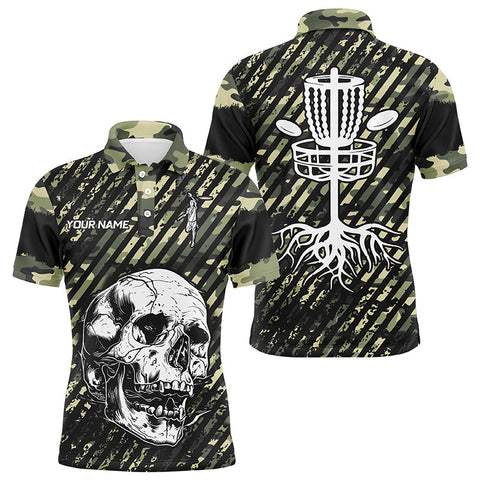 Maxcorners Green camo Mens disc golf polo shirts custom skull team disc golf basket jerseys, disc golf outfit MT0510