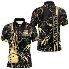 Maxcorners Black and Gold Camo Flame Bowling Polo, Quarter Zip Shirts For Men Custom Team Bowling Jerseys