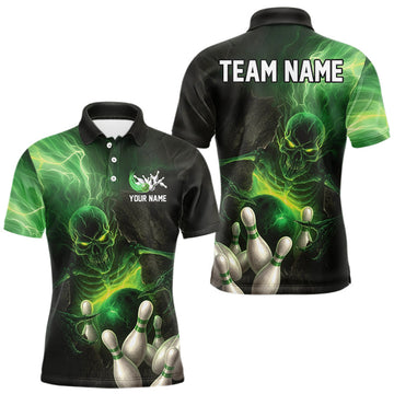 Maxcorners Black and green lightning skull Bowling polo, 1/4 Zip shirts for Men custom Bowling team Jersey LM1903