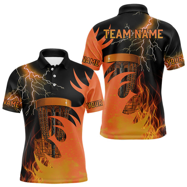 Maxcorners Black and Orange Flame Lightning Thunder Mens Disc golf polo shirts Custom team disc golf outfit LM0910