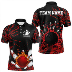 Maxcorners Black And Red Flame Bowling Polo Shirts For Men And Women Custom Team Mens Bowling Jersey