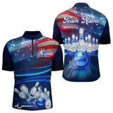 Maxcorners Blue Light American Flag Mens And Women Bowling Polo, Quarter Zip Shirt Custom Patriotic Team Bowling Jersey