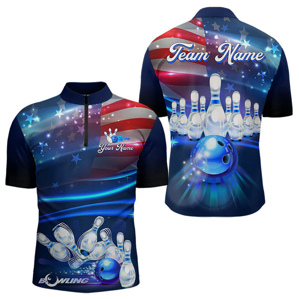 Maxcorners Blue Light American Flag Mens And Women Bowling Polo, Quarter Zip Shirt Custom Patriotic Team Bowling Jersey