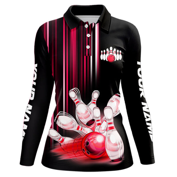 Maxcorners Black and red light Men bowling Polo, Quarter Zip Shirt Custom bowling ball and pins Team jerseys