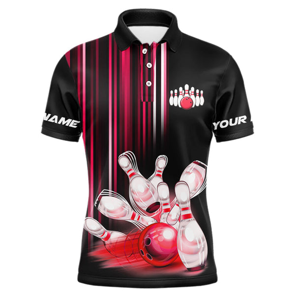 Maxcorners Black and red light Men bowling Polo, Quarter Zip Shirt Custom bowling ball and pins Team jerseys