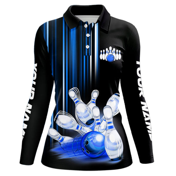 Maxcorners Black and blue light Men bowling Polo, Quarter Zip Shirt Custom bowling ball and pins Team jerseys