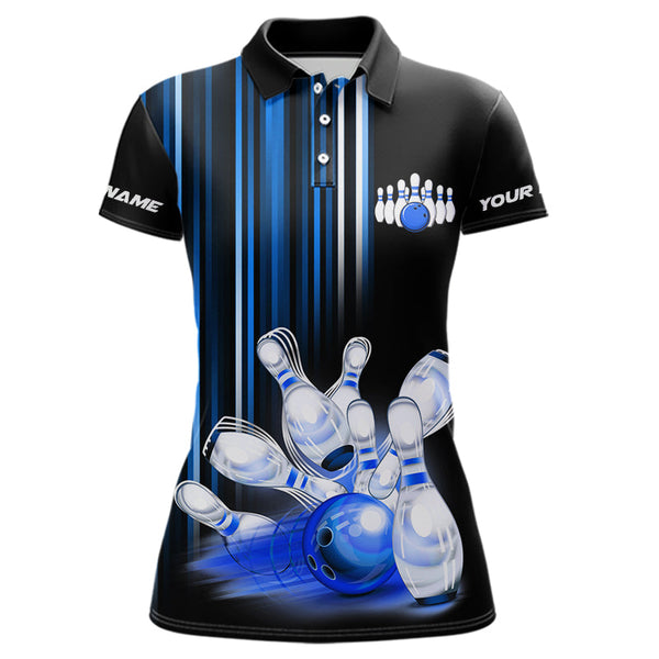 Maxcorners Black and blue light Men bowling Polo, Quarter Zip Shirt Custom bowling ball and pins Team jerseys