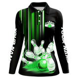 Maxcorners Black and Green light Men bowling Polo, Quarter Zip Shirt Custom bowling ball and pins Team jerseys
