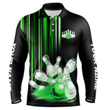 Maxcorners Black and Green light Men bowling Polo, Quarter Zip Shirt Custom bowling ball and pins Team jerseys