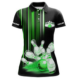 Maxcorners Black and Green light Men bowling Polo, Quarter Zip Shirt Custom bowling ball and pins Team jerseys