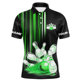 Maxcorners Black and Green light Men bowling Polo, Quarter Zip Shirt Custom bowling ball and pins Team jerseys