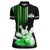 Maxcorners Black and Green light Men bowling Polo, Quarter Zip Shirt Custom bowling ball and pins Team jerseys